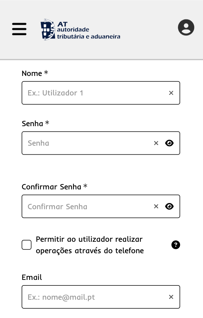 Formulário de criação de utilizador na AT com os campos Nome, Senha, Confirmar Senha e Email