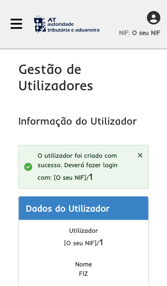 Gestão de Utilizadores na AT a confirmar que o utilizador foi criado com sucesso