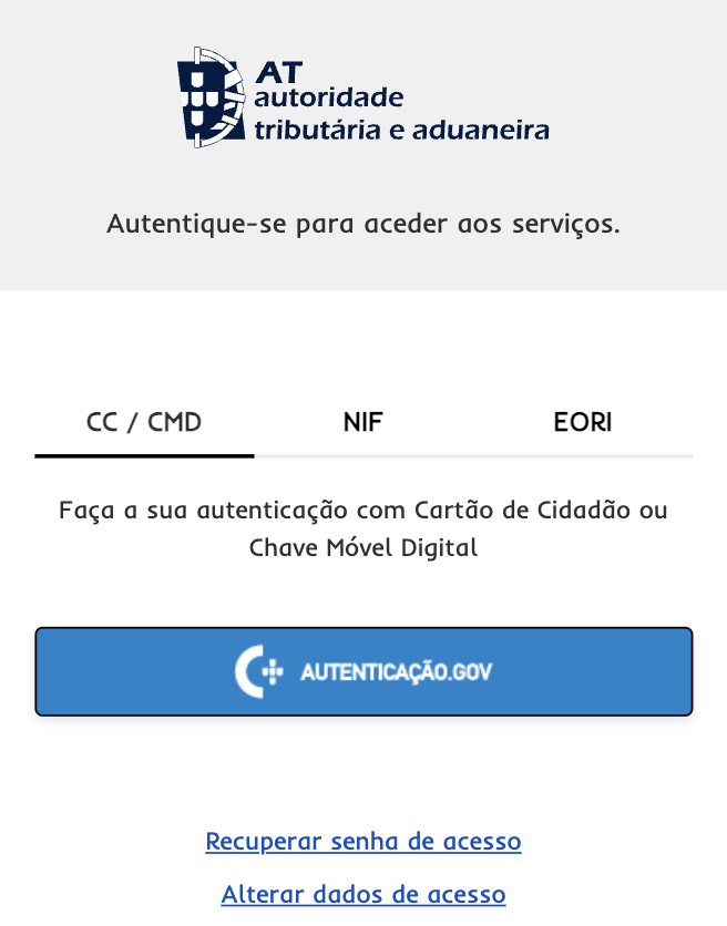 Portuguese Tax Authority sign-in page with the CC/CMD, NIF and EORI tabs