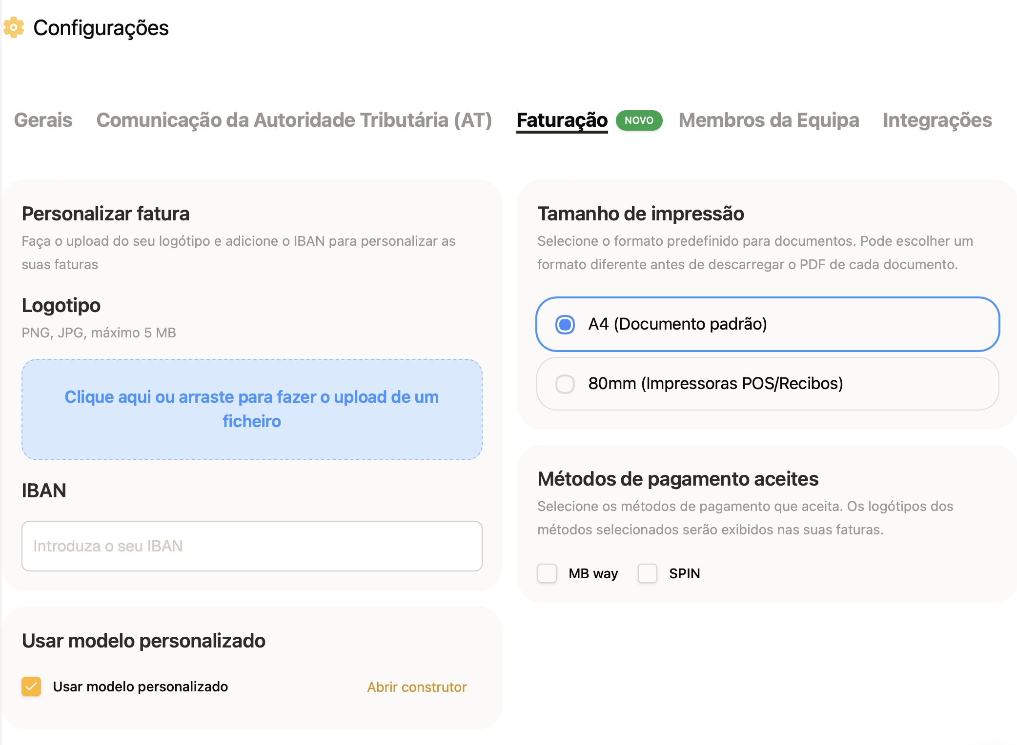 Configurações do FIZ, separador Faturação: upload do logótipo, campo do IBAN, tamanho de impressão e métodos de pagamento aceites