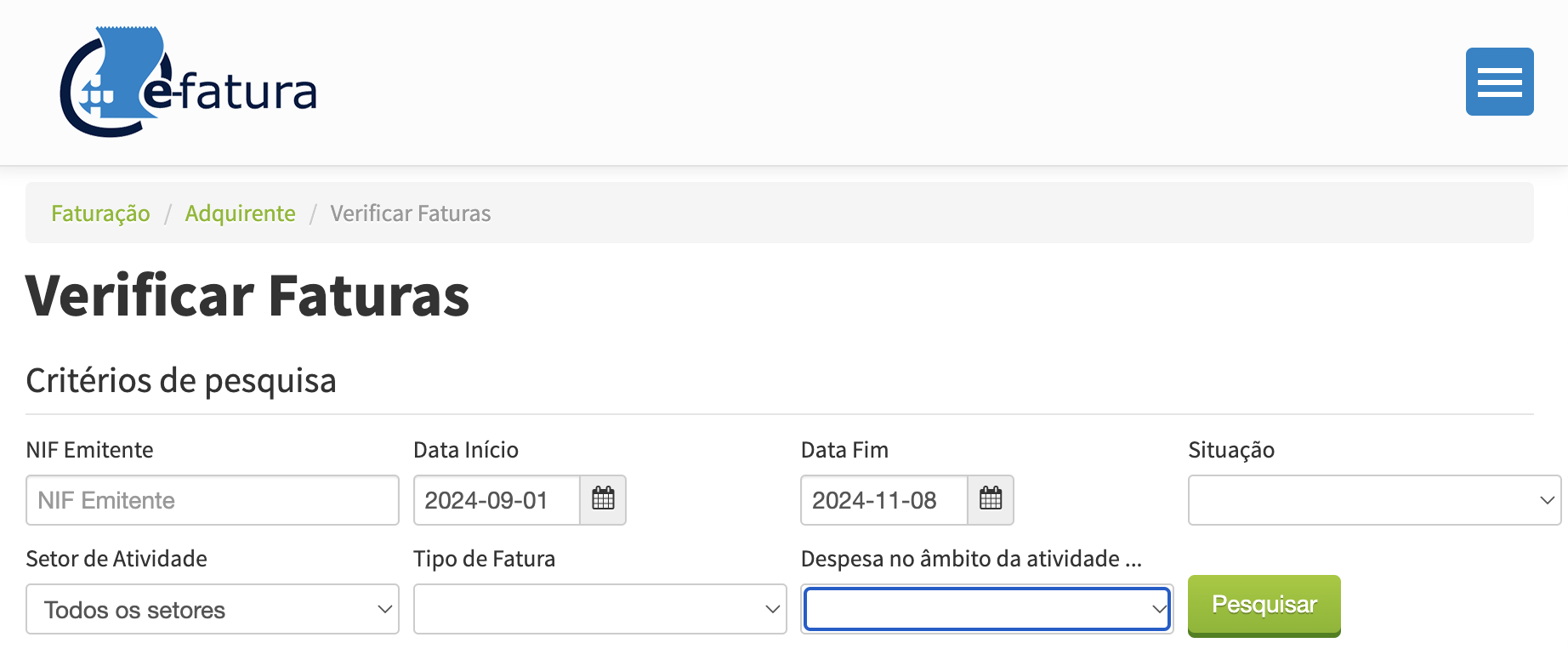 Portal e-Fatura, ecrã «Verificar Faturas» com filtros por NIF do emitente, datas, setor de atividade e tipo de fatura