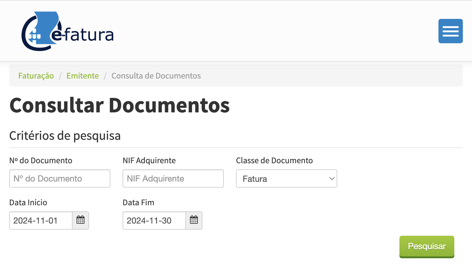 e-Fatura portal, "Consultar Documentos" screen with search filters for document number, buyer VAT number and dates